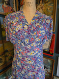 Vintage 40s blue yellow pink sheer floral rayon dress