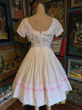 Vintage 50s white and pink lace fit and flare dress