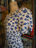 Vintage 40s white & blue floral rayon dress with ruffles