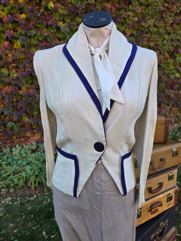 Vintage 50s White Linen Jacket with Navy Trim