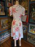 Vintage 40s white and pink lily drop waist day dress