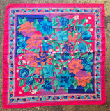 Vintage 80s Pink Purple Blue and Teal Rose Square Scarf