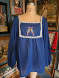 Vintage 70s Royal Blue Long Sleeve Bird Embroidery Top