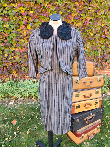Vintage 50s Gray Striped Wool Dress Jacket Set