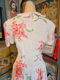 Vintage 40s white and pink lily drop waist day dress