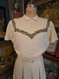 Vintage 50s white & gold embroidered wool dress