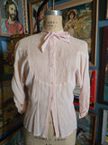 Vintage 50s Pink Linen Button up Blouse with bow