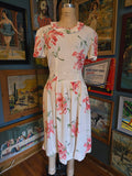 Vintage 40s white and pink lily drop waist day dress