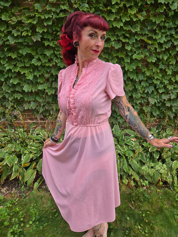 Vintage 70s Pink Lace Ruffle Dress