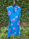 Vintage 70s Blue Hawaiian Dress with Purple Orchids