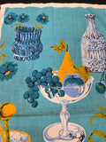 Vintage Blue Fruit and Dish Novelty Print Tea Towel