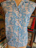 Vintage 60 blue white floral button up sleeveless shirt