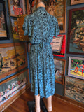 Vintage 40s blue and black paisley rayon dress