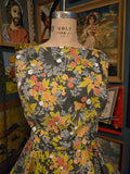 Vintage 50s Gray and Yellow Floral Fit and Flare Dress