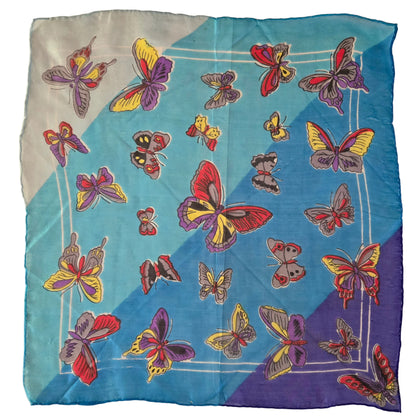 Vintage 60s Blue Square Silk Scarf with Butterfly Print