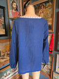 Vintage 70s Royal Blue Long Sleeve Bird Embroidery Top