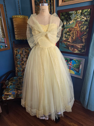 Vintage 50s Yellow Tulle Prom Dress with Shrug – Shopabernathys
