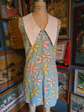 Vintage 60s Teal Floral Go Go Romper w/ Giant Collar