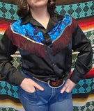 Vintage 80s Black Satin and Fringe Western Shirt