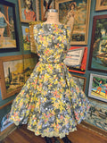 Vintage 50s Gray and Yellow Floral Fit and Flare Dress
