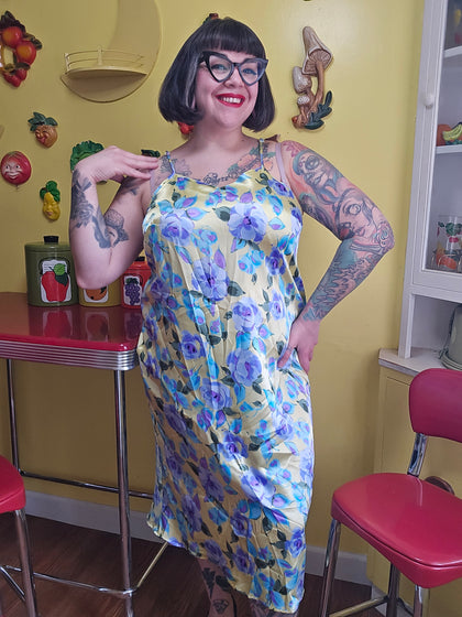 Vintage 90s Yellow Purple Floral Slip