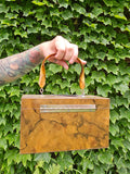 Vintage 70s Brown Marbled Wooden Box Purse with 'F'