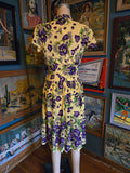 Vintage 40s yellow & purple floral rayon dress