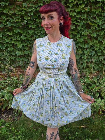 Vintage 60s White Peacock Novelty Print Dress