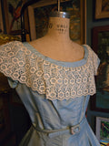 Vintage 60s Blue Dress Fit and Flare With Lace Collar