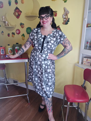 Vintage White and Black Square Print Dress