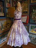 Vintage 50s white & purple floral Rhinestone dress