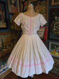 Vintage 50s white and pink lace fit and flare dress