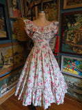 Vintage 40s white pink & Blue floral maxi dress