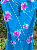 Vintage 70s Blue Hawaiian Dress with Purple Orchids