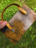 Vintage 70s Brown Marbled Wooden Box Purse with 'F'