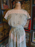 Vintage 40s blue floral and white lace cotton day dress