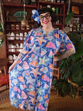 Vintage 90s Blue Seashell Print Kaftan Dress