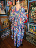 Vintage 70s blue bird floral and butterfly kaftan