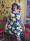 Vintage 90s Yellow Rose Navy Dress