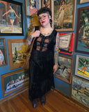 Vintage 90s Black Velvet Embroidered Maxi Dress