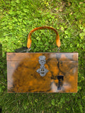 Vintage 70s Brown Marbled Wooden Box Purse with 'F'