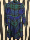 Vintage 60s Blue and Green Plaid Rhinestone Plaid Dress
