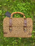 Vintage 60s Brown Straw Bag with Bamboo Handle
