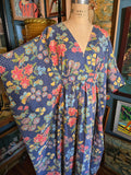 Vintage 70s blue bird floral and butterfly kaftan