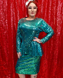 Vintage 80s Teal Sequin Peplum Dress