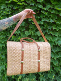 Vintage 70s Woven Wicker Bag with Leather Strap