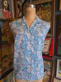 Vintage 60 blue white floral button up sleeveless shirt