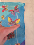Vintage 60s Blue Square Silk Scarf with Butterfly Print
