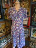 Vintage 40s blue yellow pink sheer floral rayon dress