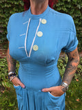 Vintage 1940 Blue Dress with Large Buttons